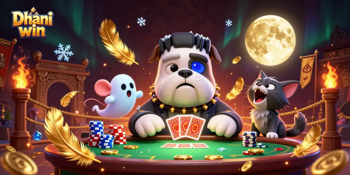 Dhani win game showcasing a Frankenstein bulldog dealing cards surrounded by gold coins and spooky effects.