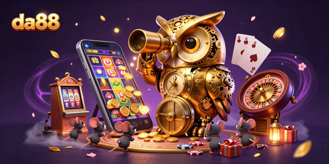 Engage in thrilling gaming at da88 with a vibrant casino scene featuring an animated golden owl and dynamic slot game.