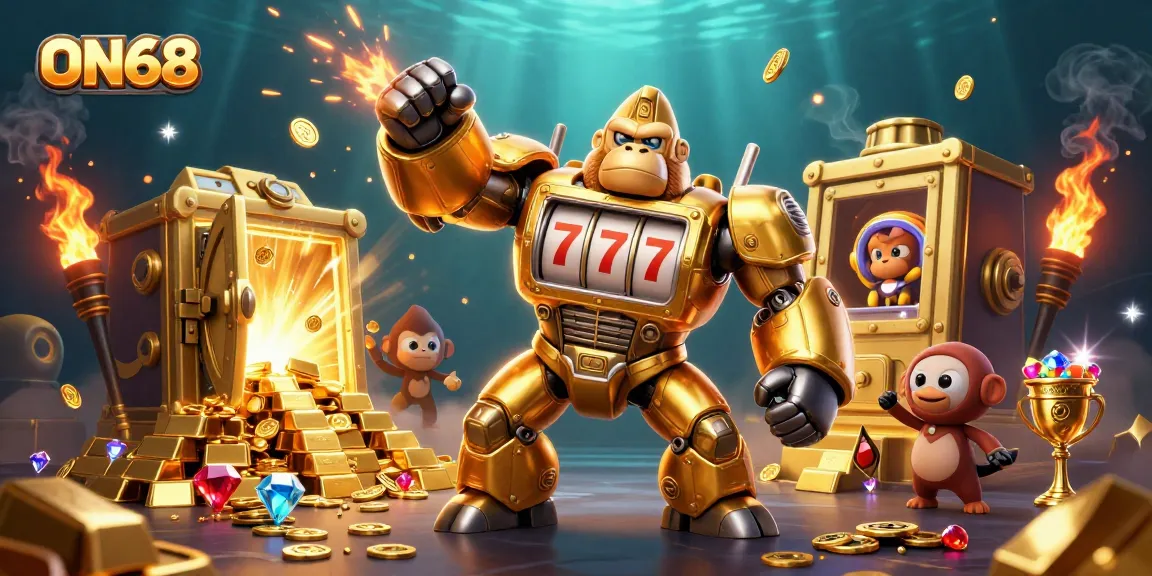 Engage with ON68’s thrilling slot game adventure featuring a golden gorilla mech amidst treasures.