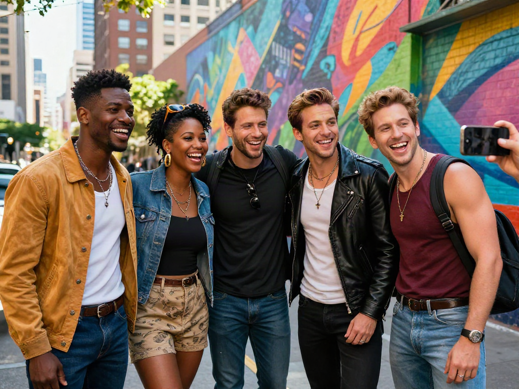 Look alikes of famous people captured in vibrant urban setting with friends dressed as celebrities, enjoying a lively moment.