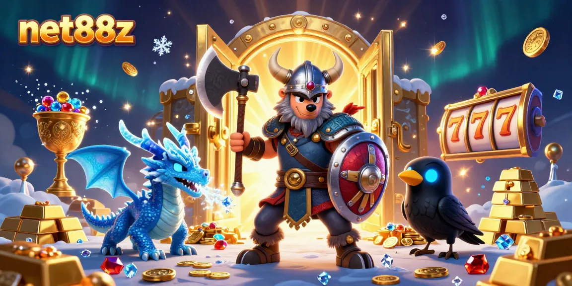 Engage with net88z in a thrilling gaming scene featuring a Viking wolf warrior and treasure riches.