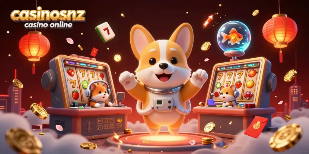 Explore the exciting world of casinosnz casino online with a floating corgi and vibrant gaming elements.