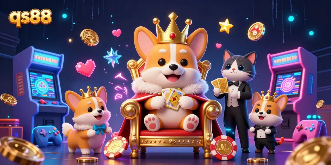 Experience the vibrant qs88 casino world with exciting gaming visuals, royal corgi illustrations, and dynamic elements.