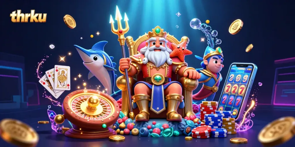 Experience thrilling casino adventures with thrku in an ultra-detailed 3D illustration featuring vibrant gaming elements.