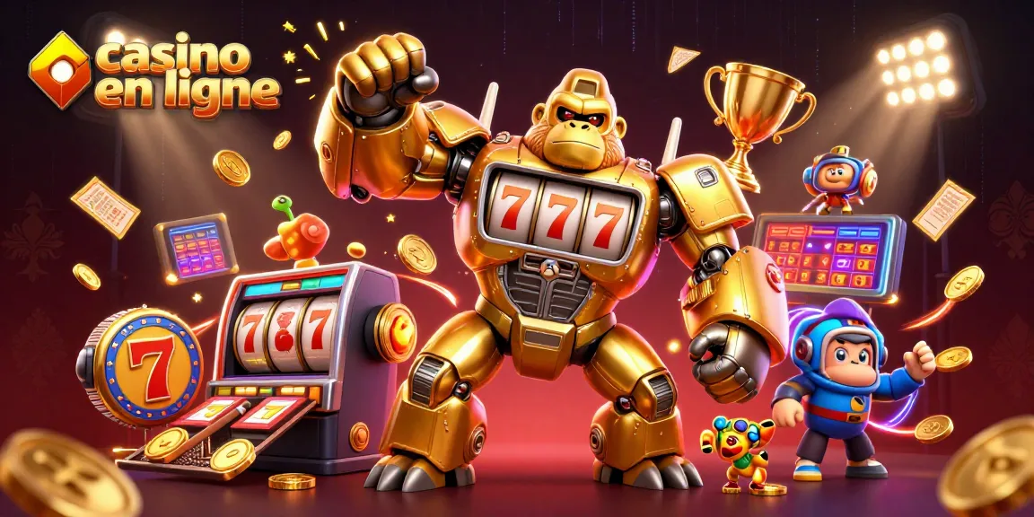 Plongez dans l'univers captivant du casino en ligne avec une illustration dynamique où un robot gorille en or s'illustre parmi des éléments de jeu.