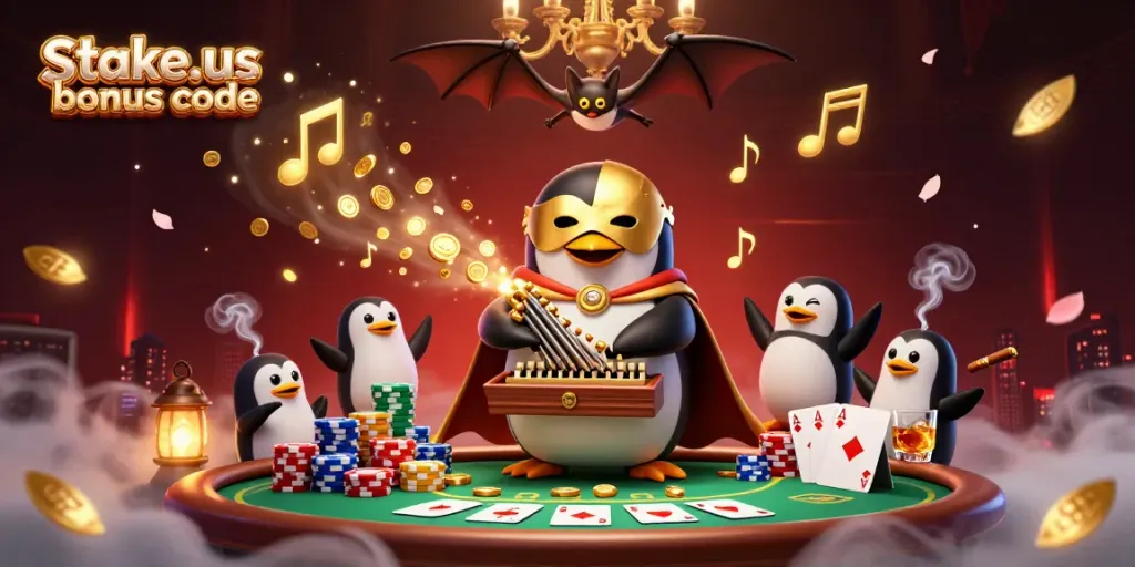 Experience the excitement of gambling with the stake.us bonus code through this vibrant 3D illustration.
