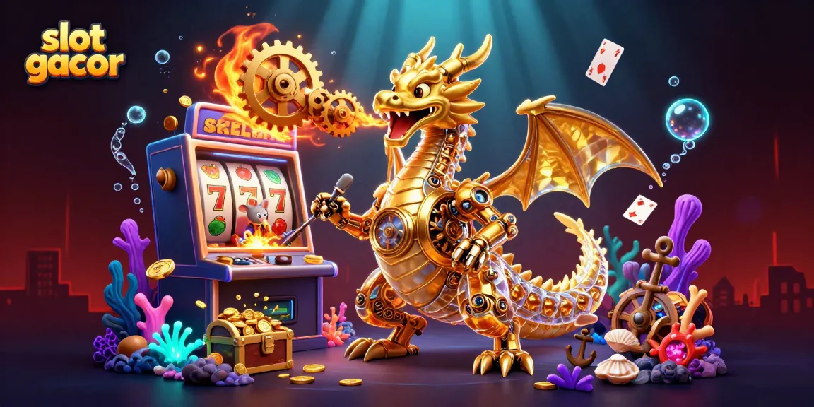 Engage with slot gacor in an ultra-detailed 3D rendering showing a golden dragon with cogs and vibrant casino elements.