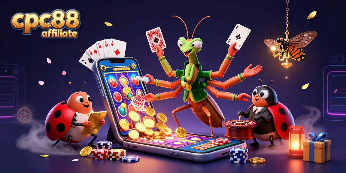 Engage with the cpc88 affiliate gaming scene featuring vibrant casino elements and charismatic characters.