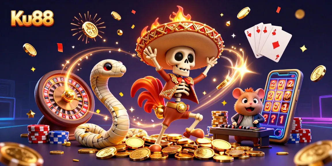 Experience Ku88's thrilling celebration with a vibrant 3D cartoon casino scene featuring unique characters.