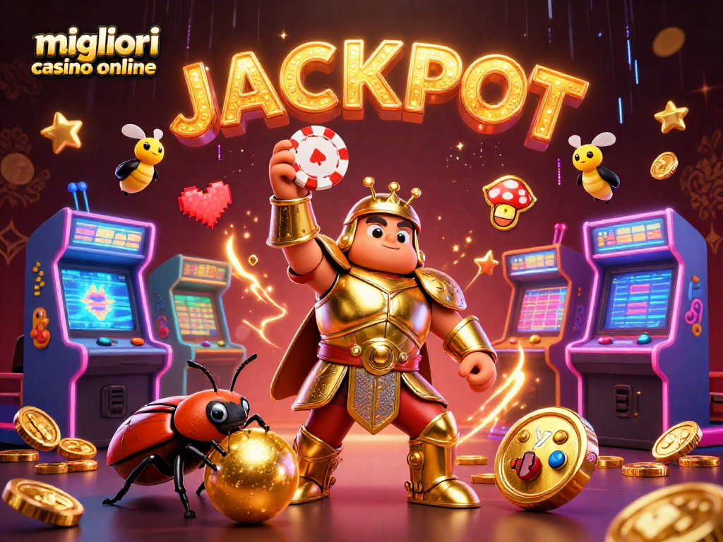 Scopri i migliori casino online mentre un coleottero erculeo trionfa sollevando un gettone da poker in un ambiente vibrante di giochi.