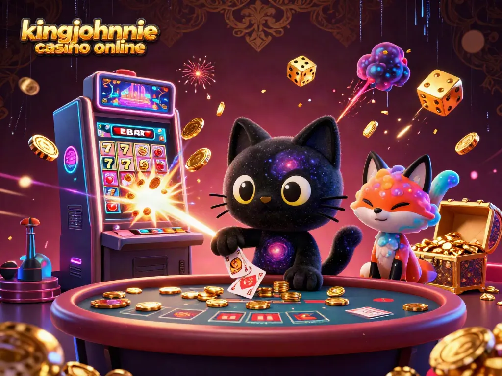 Experience thrilling gameplay at kingjohnnie casino online with a cosmic scene of a playful black hole cat and a colorful gas fox.