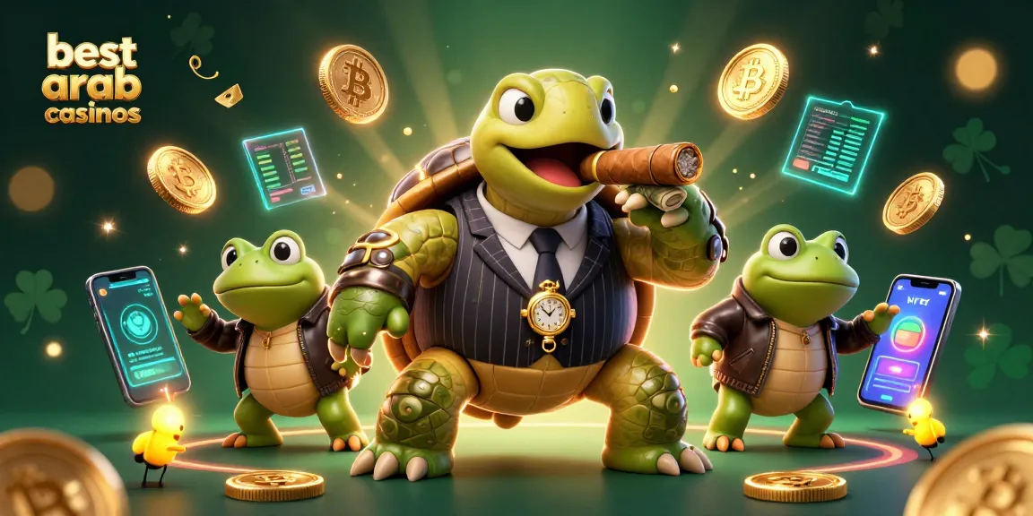 Experience the thrill of the best arab online casinos with a fun cartoon scene featuring a mobster turtle and bullfrog enforcers.