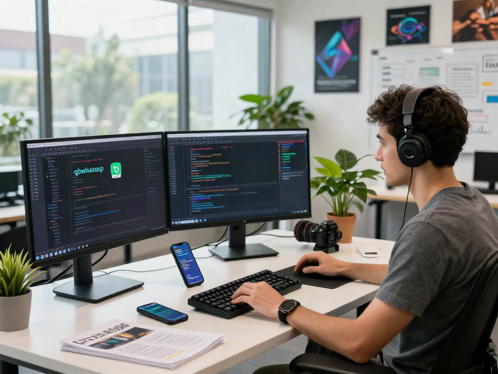 Dynamic workspace with developer working on gbwhatsapp project, showcasing coding tools and tech atmosphere.