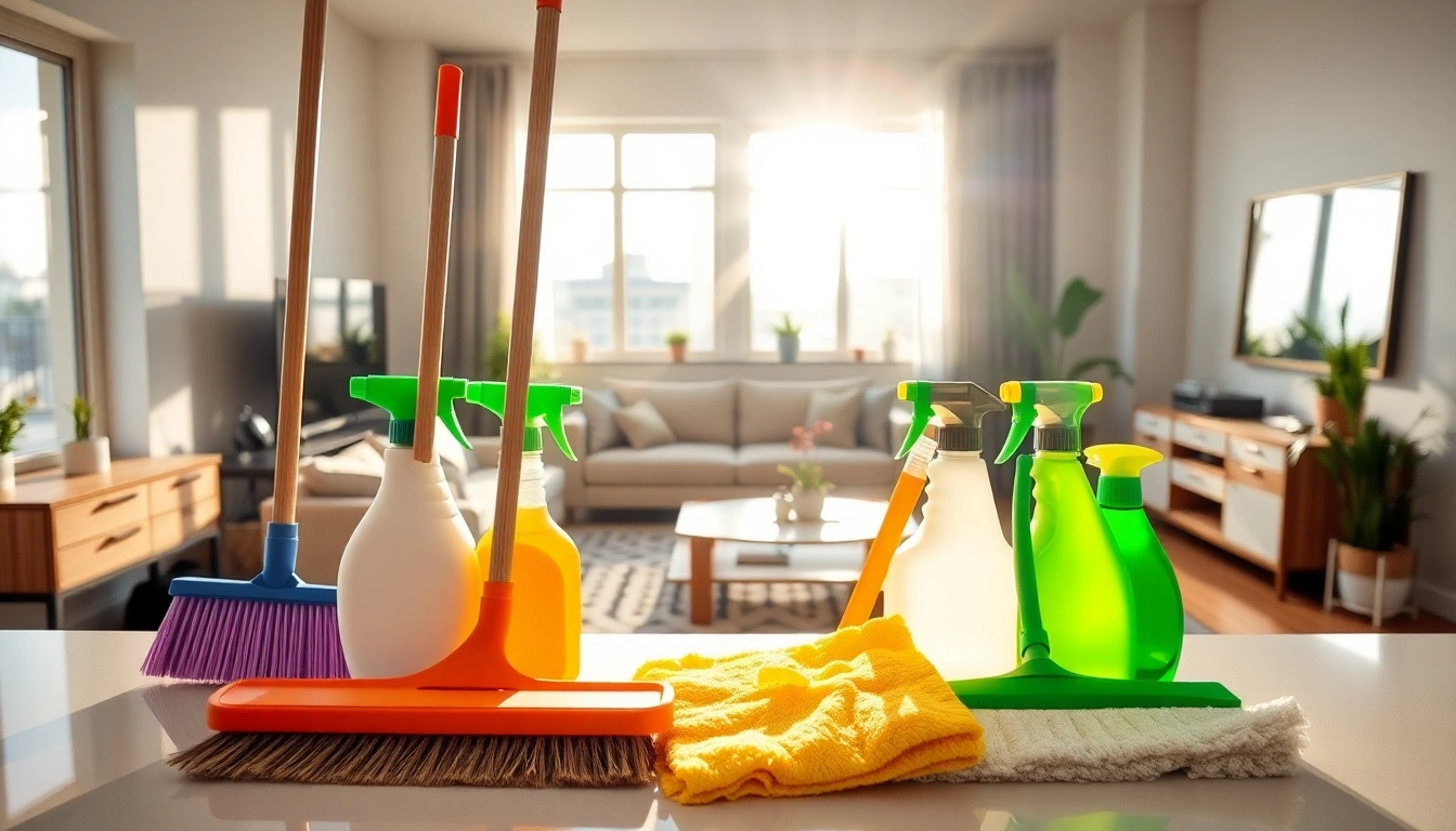 Bond cleaning supplies arranged in a modern living room, showcasing neatness and freshness.