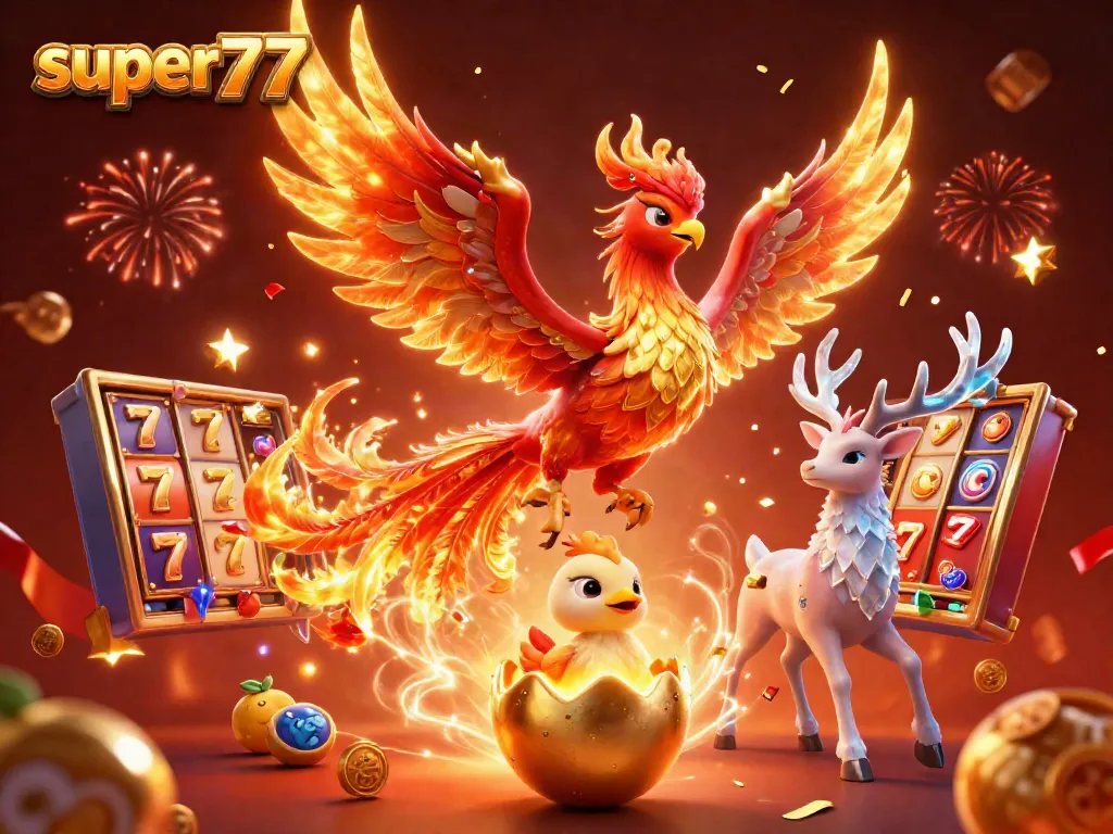 Experience thrilling gameplay with super77's dynamic scene of winning slot symbols and mythical characters.