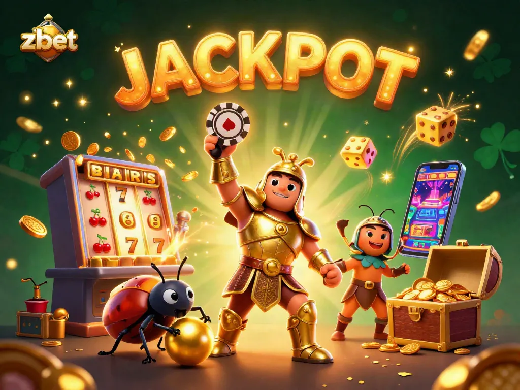 Win big with zbet's thrilling 3D casino experience featuring a heroic beetle and jackpot symbols.