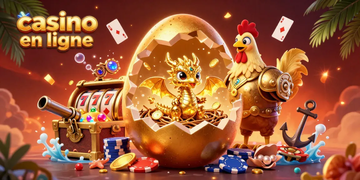 Casino en ligne avec un œuf doré révélant un dragon cristallisé parmi des jetons de poker et des machines à sous.