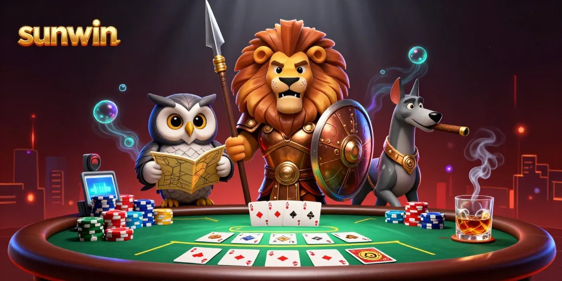 Engage in thrilling poker action with sunwin, featuring a Spartan lion, strategist owl, and messenger greyhound in a vibrant casino scene.