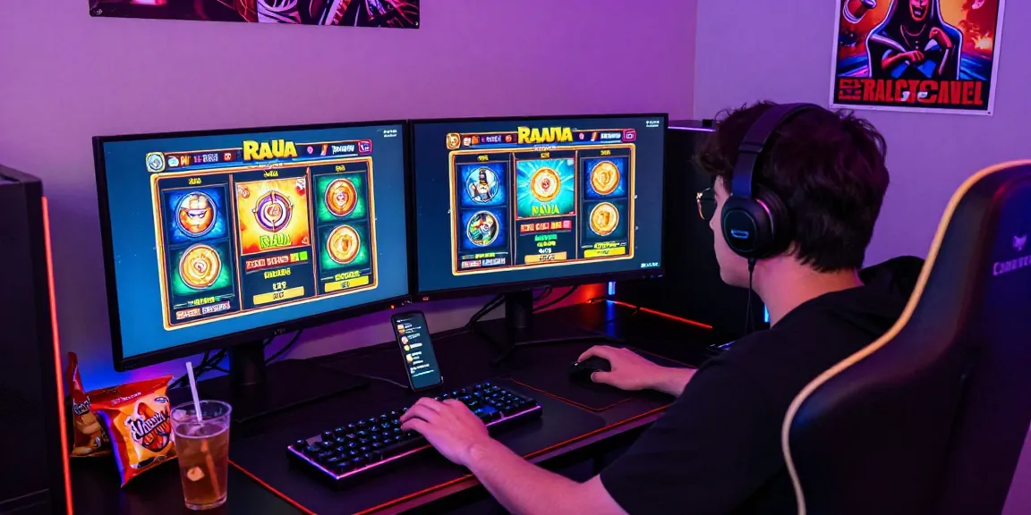 Player enjoying slot raja online gaming in vibrant gaming setup with dual monitors.