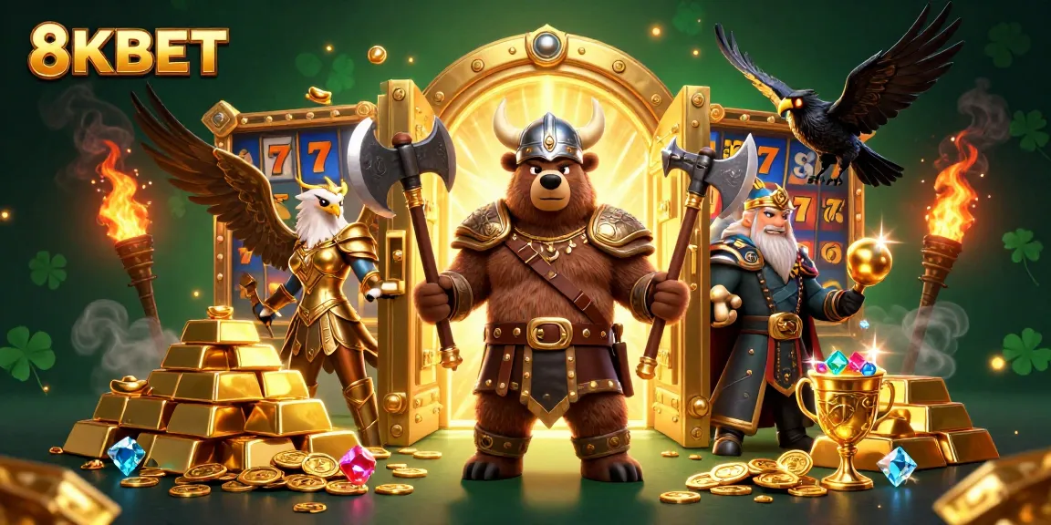 Join the 8KBET action with a Viking bear, Valkyrie eagle, and treasure highlights.