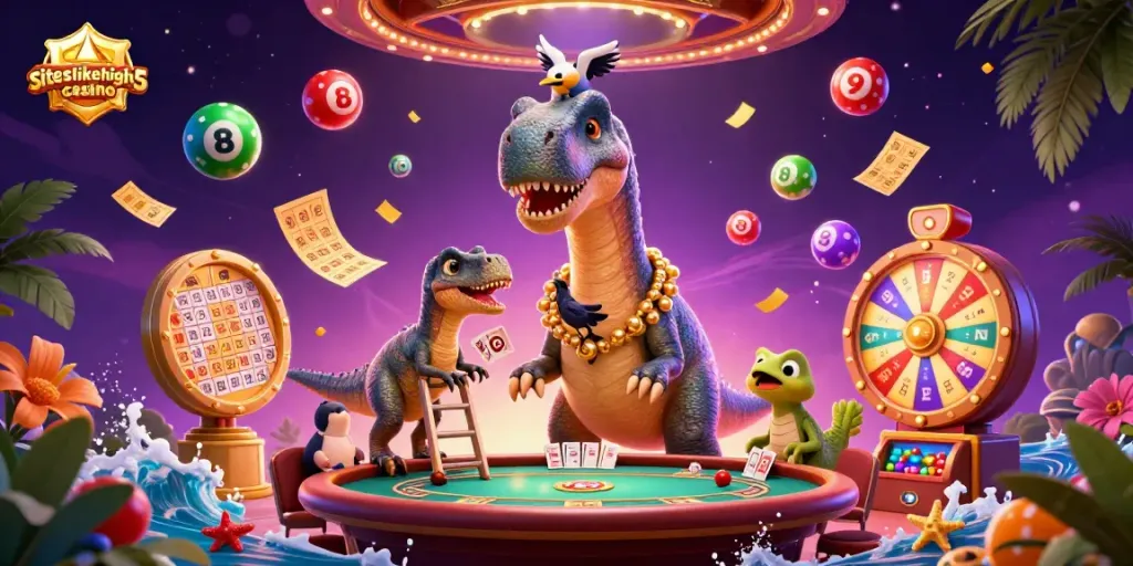 Experience the thrill at siteslikehigh5casino, featuring a brontosaurus, a clever raptor, and vibrant casino elements.