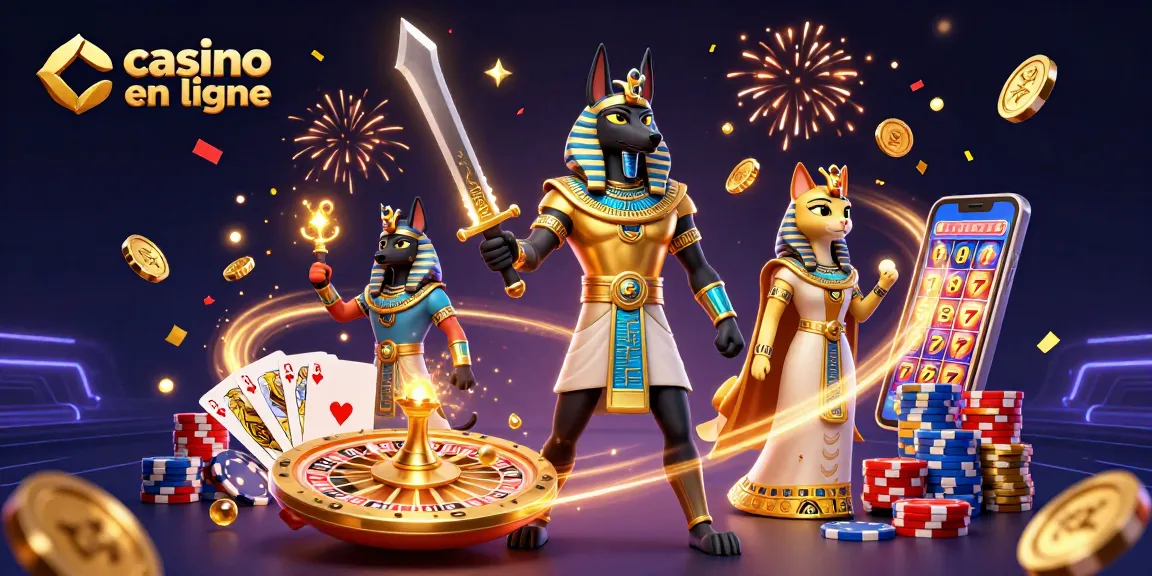 Jouer dans un casino en ligne avec un guerrier égyptien Anubis et une prêtresse Bastet entourés de trésors.