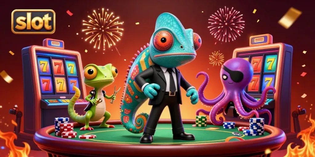 Permainan slot dengan karakter agen chameleon, gecko dengan gadget emas, dan guru kasino