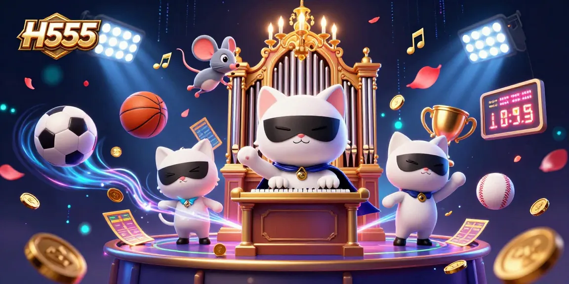 Betting adventure at H555 with a phantom cat at a casino organ, sports balls flying around.