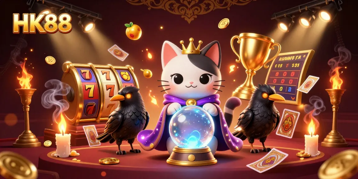 This vibrant illustration showcases HK88 with a mystic cat, tarot raven, and casino elements for thrilling entertainment.