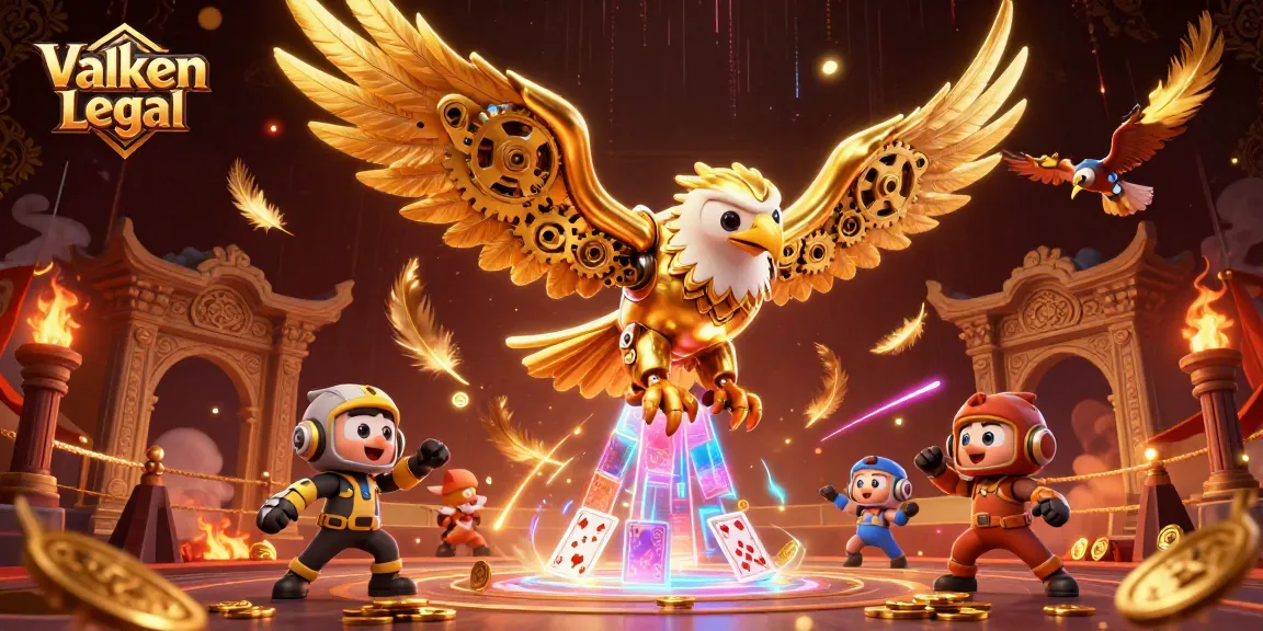 Valken Legal showcases a cybernetic eagle diving through holographic poker cards in a vibrant gaming arena.