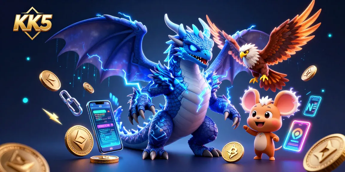Experience thrilling gameplay with KK5, showcasing electrifying casino characters and cryptocurrency elements.