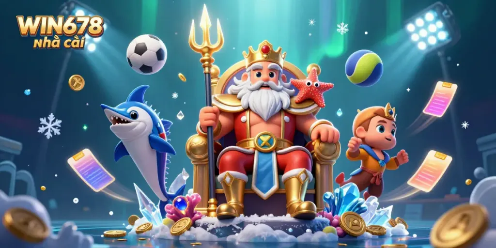 Experience the excitement of WIN678 nhà cái with Neptune in a vibrant 3D casino-themed scene.