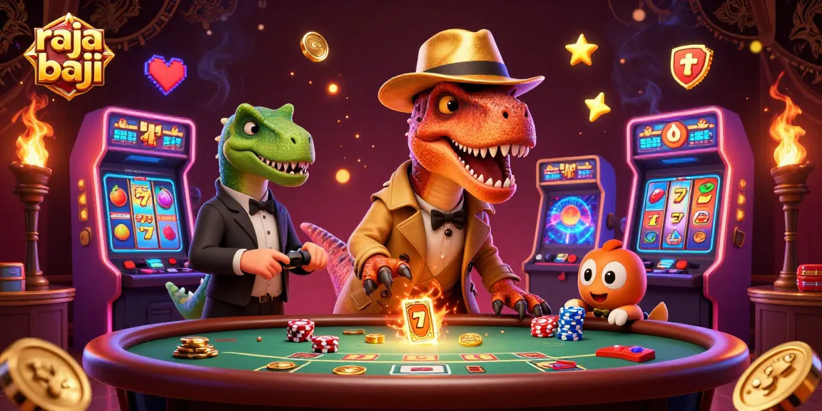 Experience raja baji thrills with a velociraptor at the blackjack table, surrounded by vibrant slot elements.