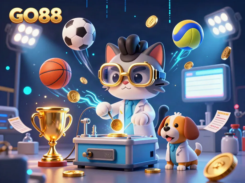 Experience the excitement of GO88 gaming with a mad scientist cat, sports balls, and dynamic golden visuals.
