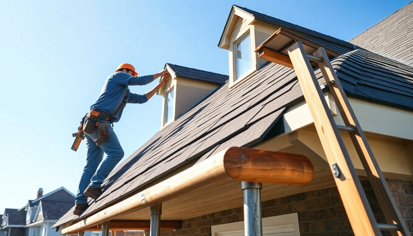 Skilled roofers conducting twinsburg oh roof repairs on a residential building under a blue sky