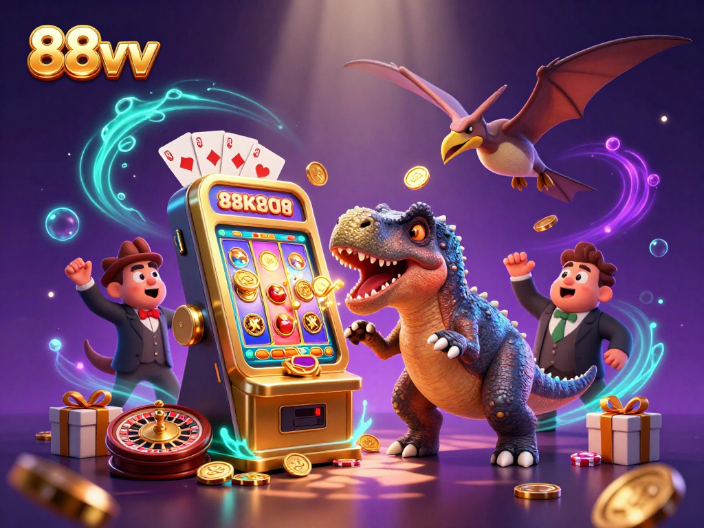 88vv slot themed scene with characters interacting, winning slots and flying coins