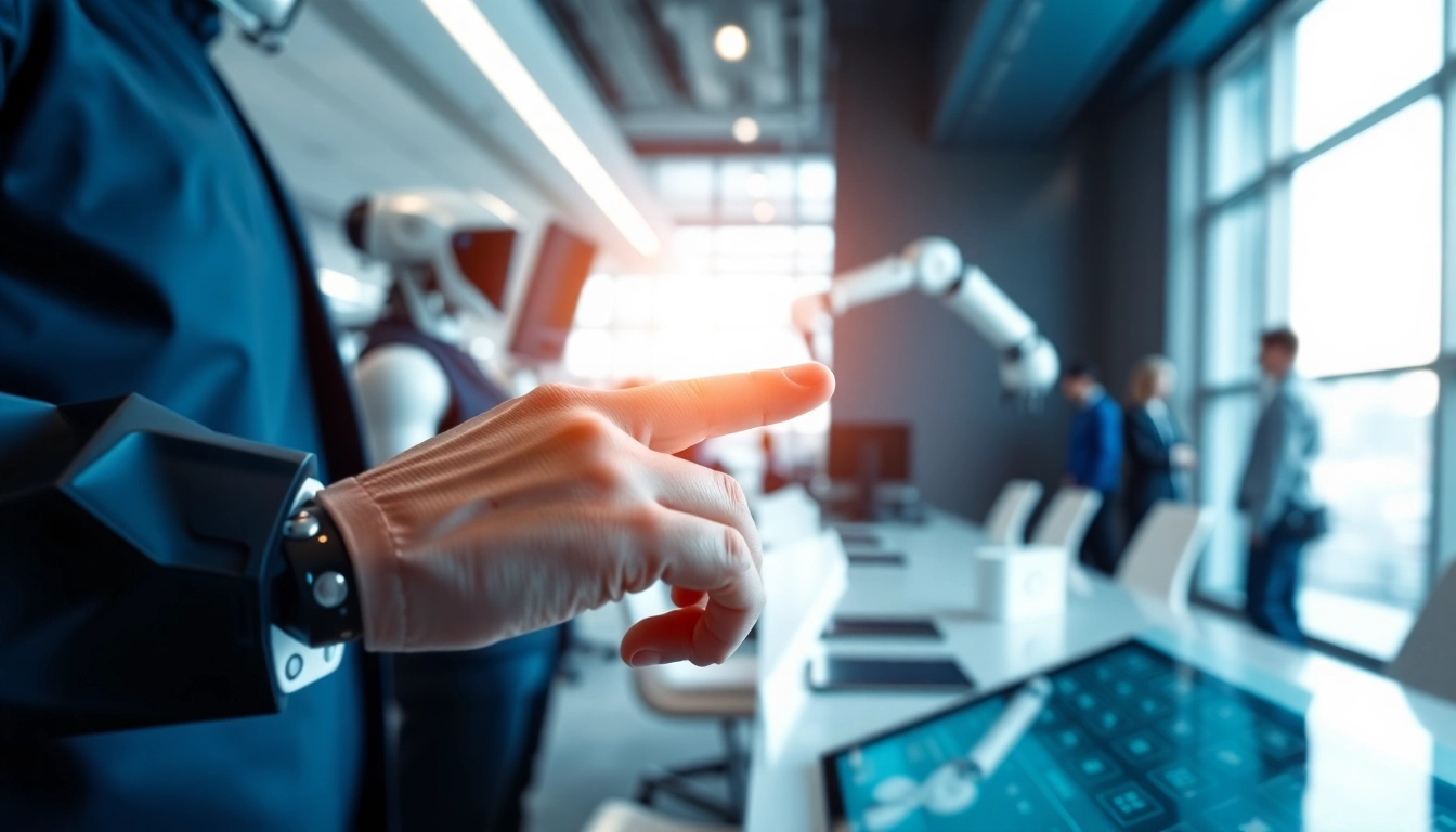 Illustration of acquisition package automation with futuristic robots and digital interfaces in a modern office.