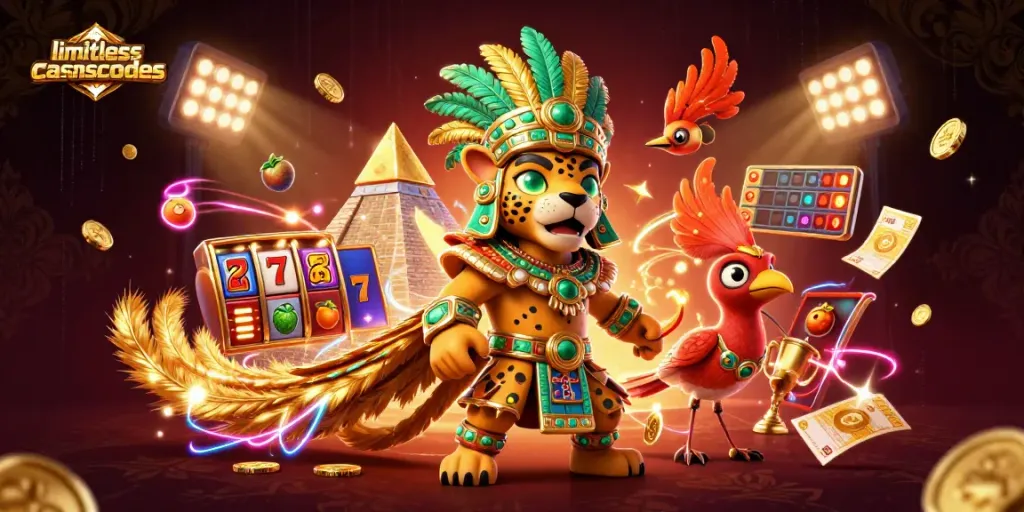 Experience limitlesscasinobonuscodes with a vibrant 3D illustration featuring Mayan priests and gaming elements.