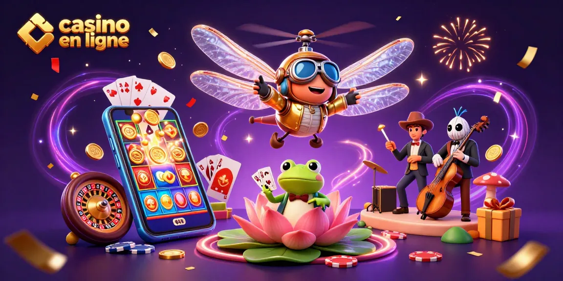 Casino en ligne : Une illustration dynamique de jeux avec une libellule pilote et un croupier grenouille.