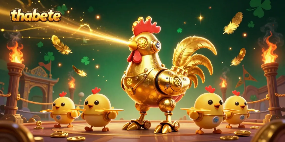 Engage in the thrilling action of thabete with a dynamic illustration featuring a golden rooster robot and chick drones in a vibrant casino arena.