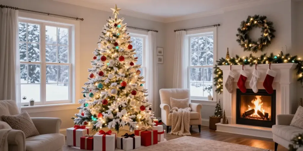 Delightful white colorful Christmas tree illuminated with multicolored lights in a festive living room.