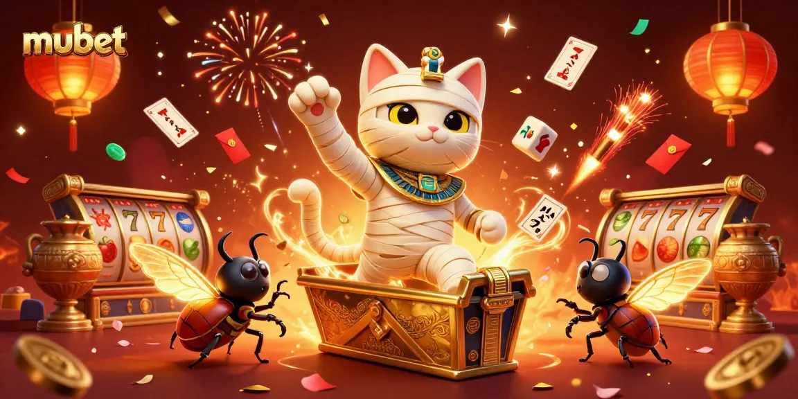 Experience the thrill of mubet with a dynamic casino scene featuring a mummy cat and jackpots.