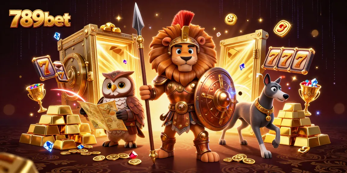 Engage in thrilling games with 789bet's vibrant casino scene featuring an armored lion, owl strategist, and limitless treasures.