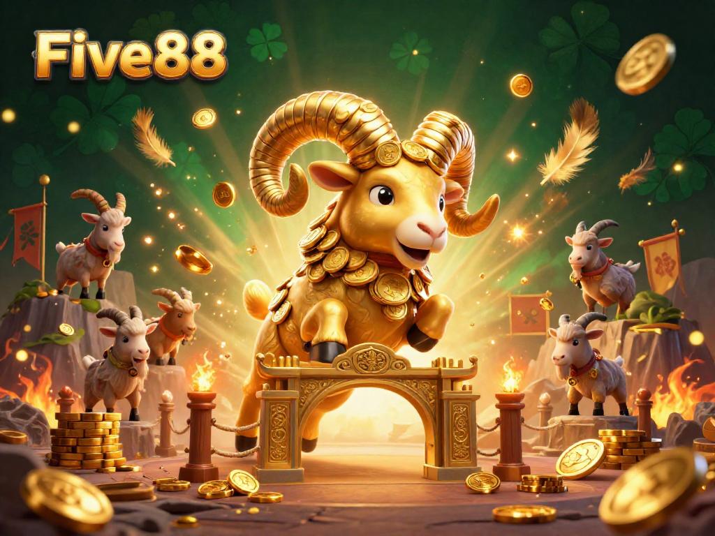 Experience the thrill of Five88 with an epic 3D illustration featuring a golden ram charging through a vibrant casino atmosphere.