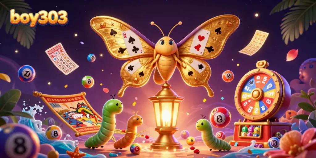 Experience the excitement of boy303 with a vibrant, dynamic casino scene, showcasing colorful lottery elements and a majestic moth.