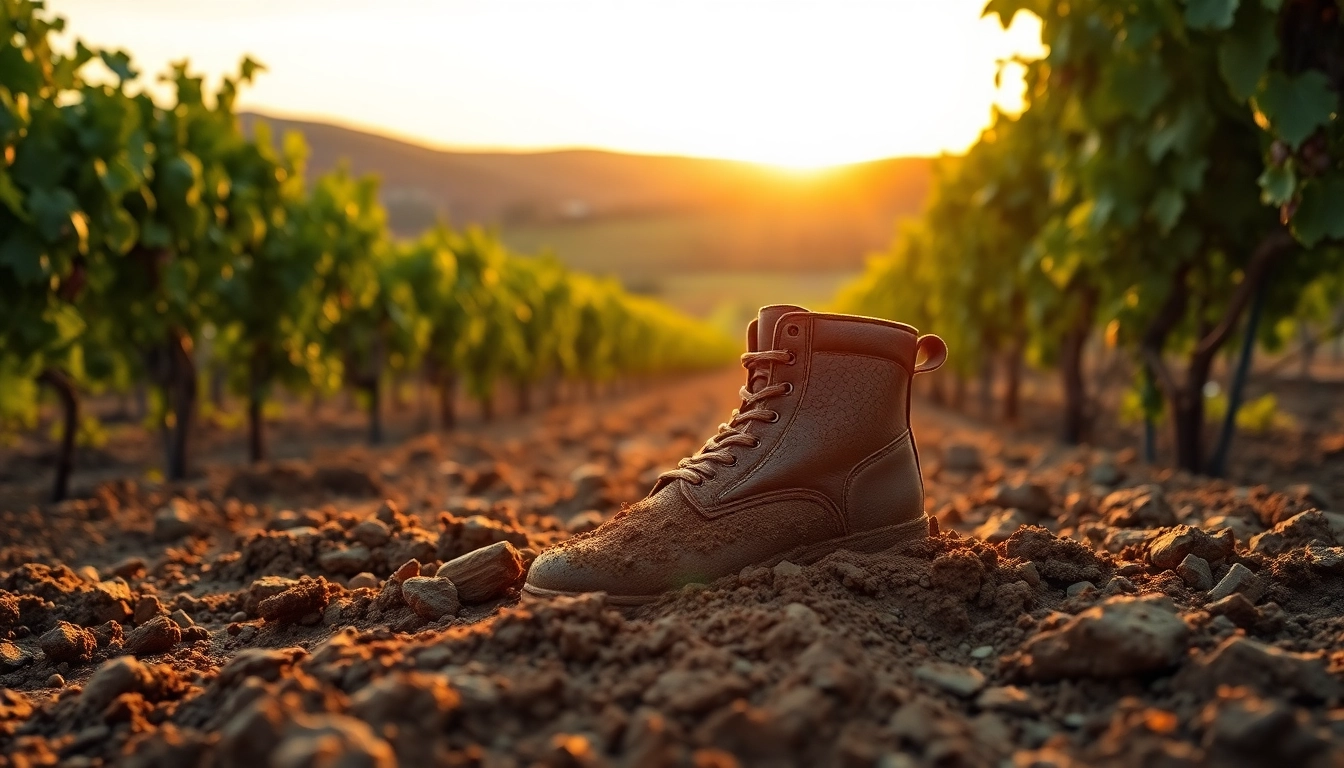 Discovering the essence of muddy boot wine silt through a rustic vineyard scene.