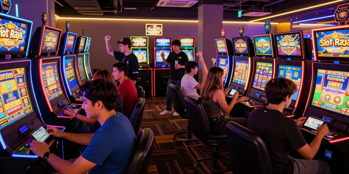 Exciting players enjoying Slot Raja games in a vibrant gaming lounge atmosphere.
