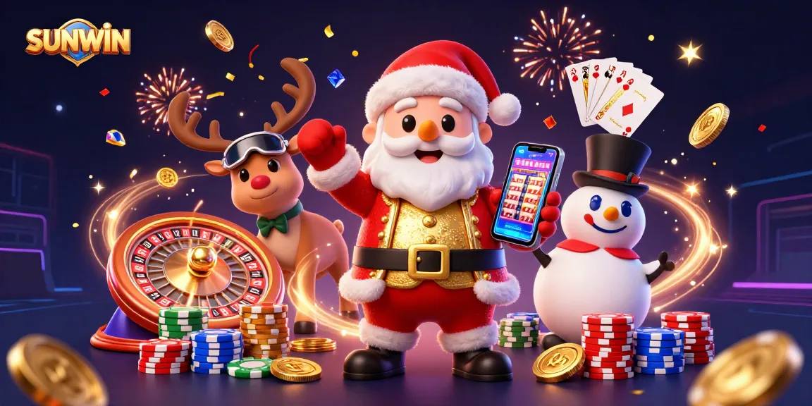 SUNWIN casino scene featuring Santa with smartphone, reindeer dealer, and poker chip snowman amidst festive elements.